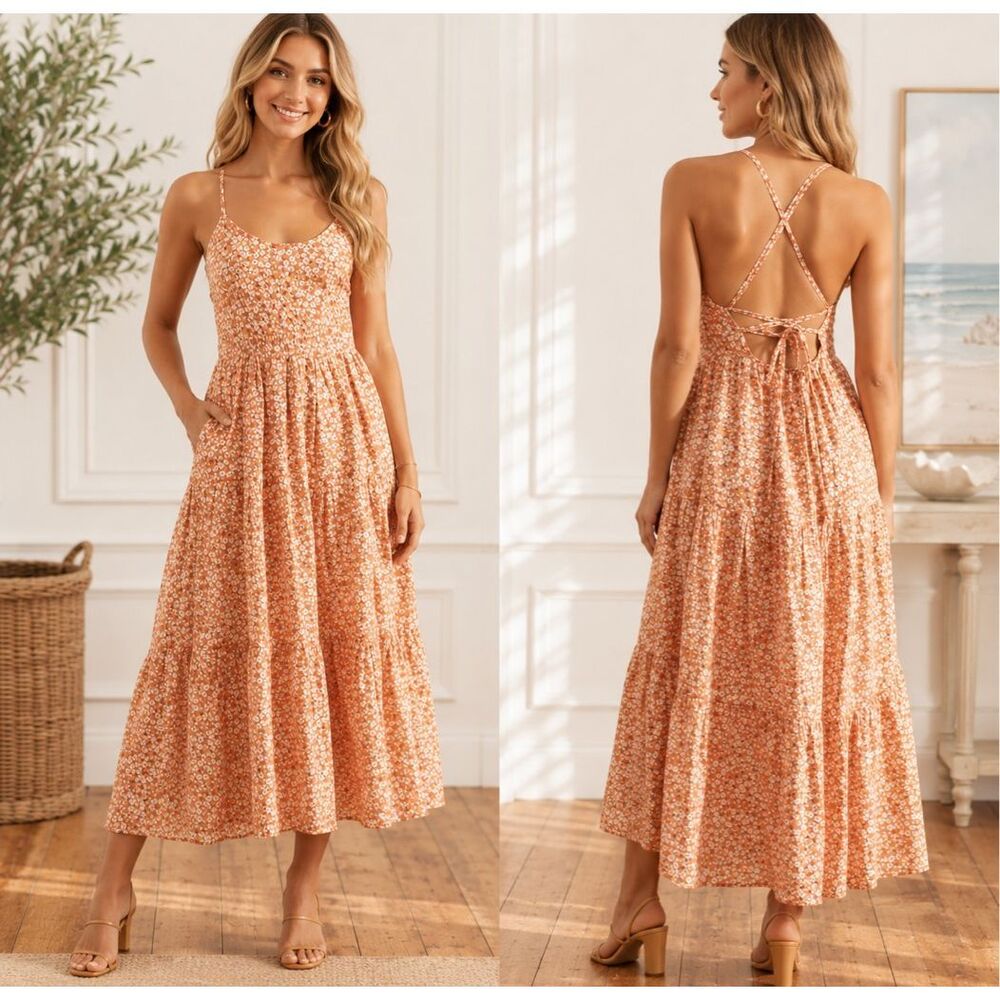 NWOT XIRENA Owynn Marigold Cotton Silk Blend Floral Midi Dress Coastal Boho Luxe